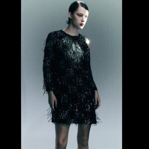 Zara Sequin Fringed Mini Dress Black Silver XSmall